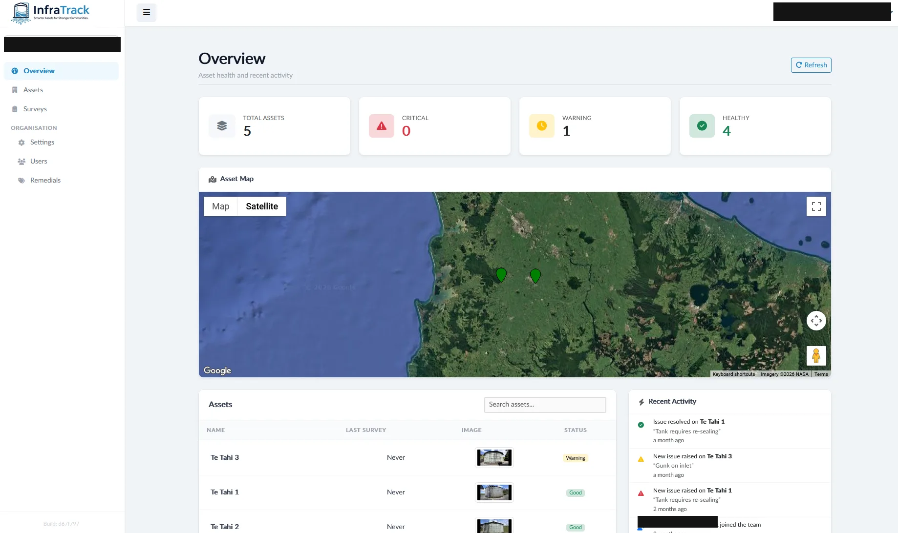InfraTrack dashboard showing asset health totals, a satellite map with asset pins, an asset list, and a recent inspection activity feed