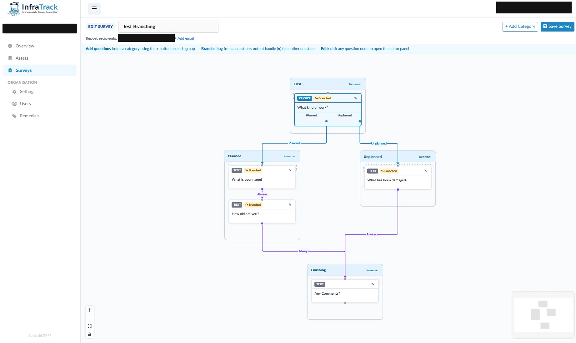InfraTrack survey builder showing question nodes connected by branching logic between categories