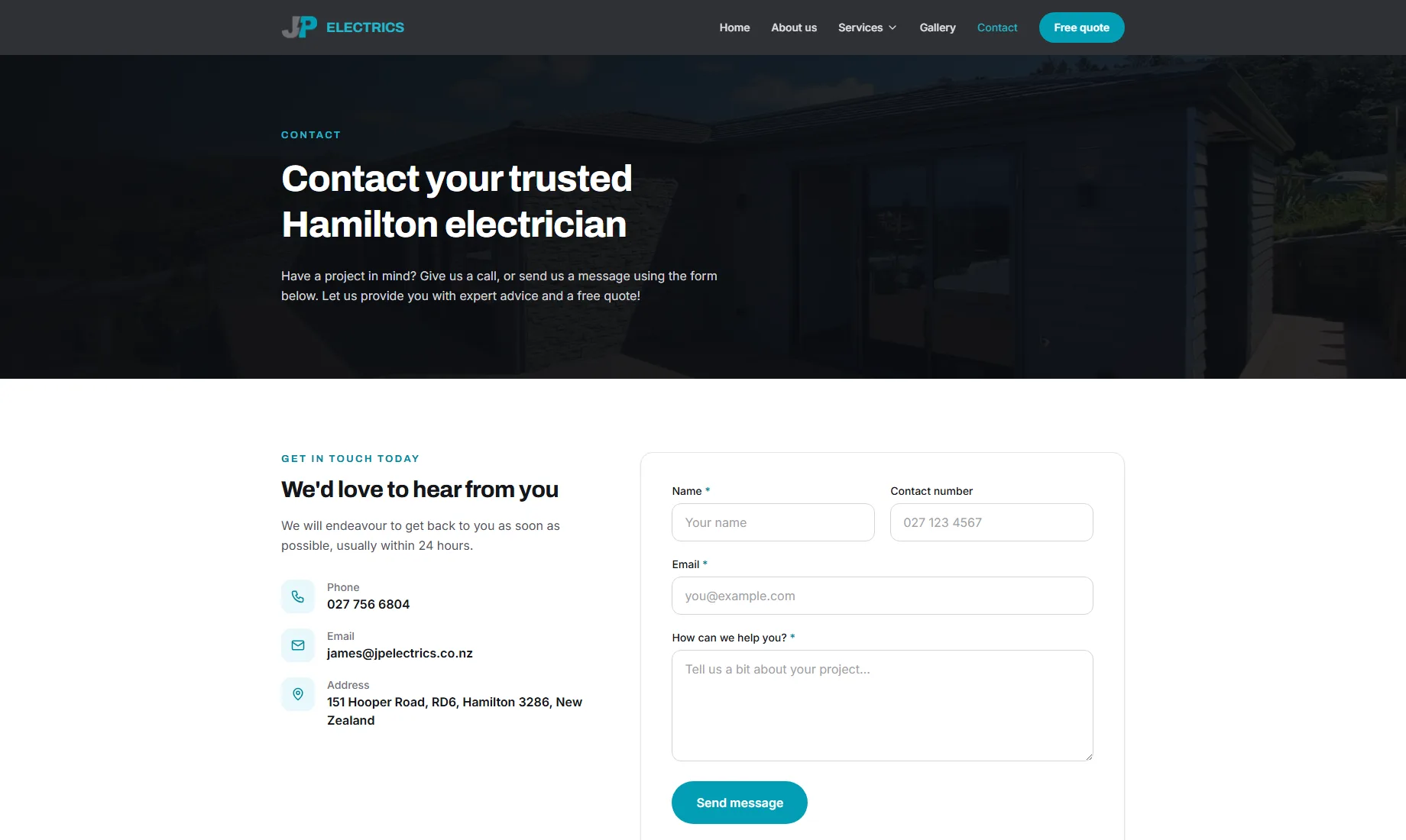 JP Electrics contact page with phone, email and address details alongside a simple contact form