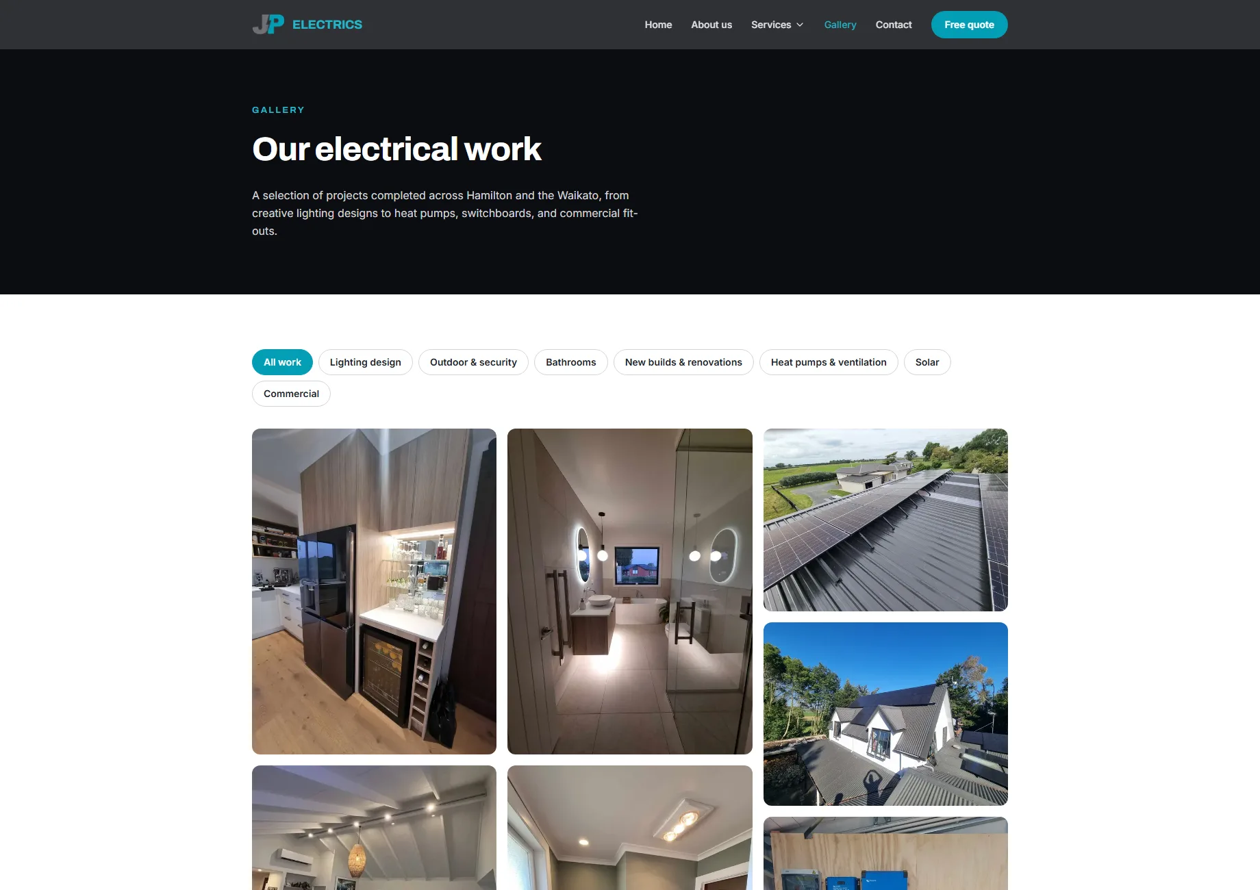 JP Electrics gallery page showing completed electrical work filtered by category - lighting design, bathrooms, heat pumps, solar and more