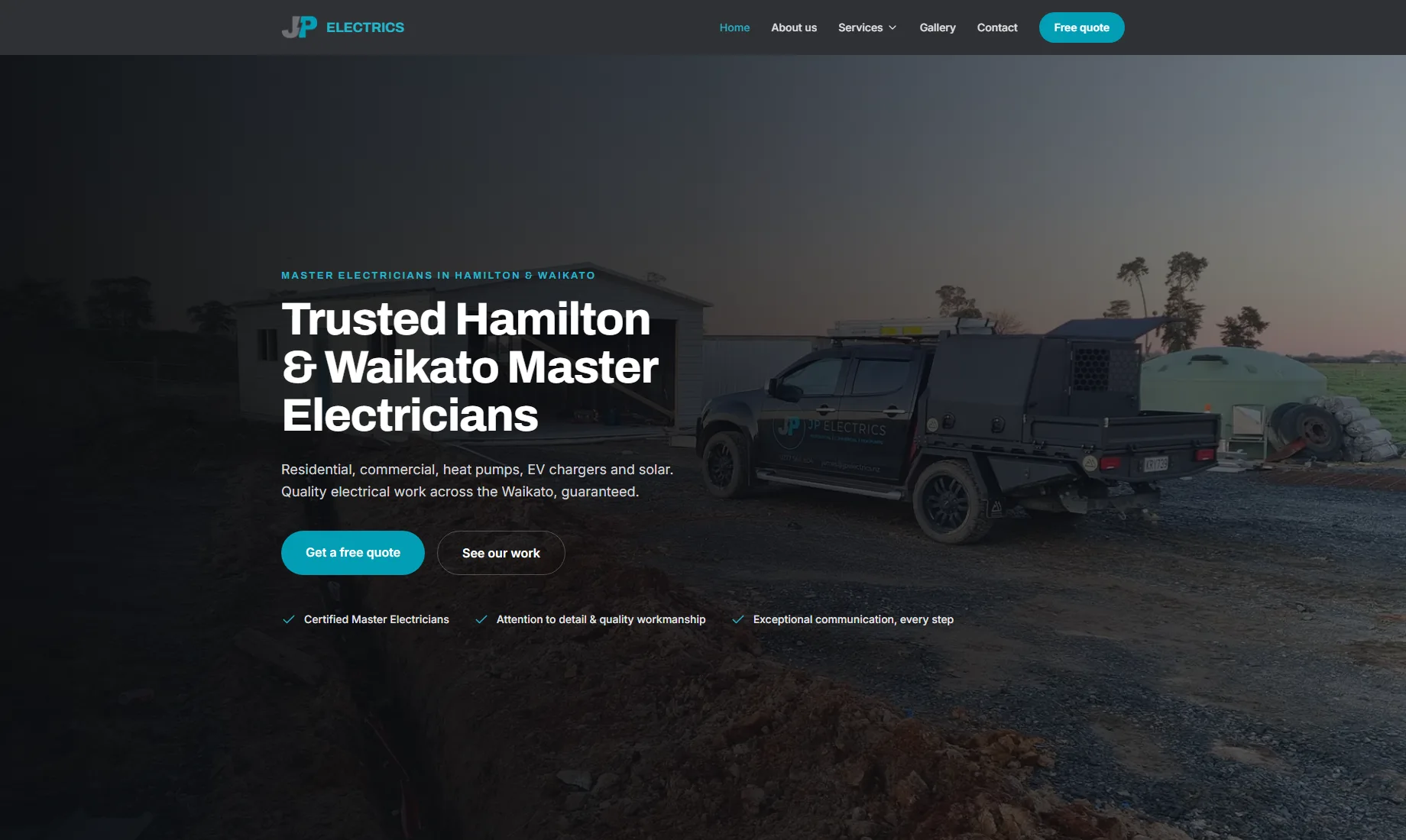JP Electrics homepage hero with the headline 'Trusted Hamilton & Waikato Master Electricians', a free quote button, and a photo of the JP Electrics ute on site